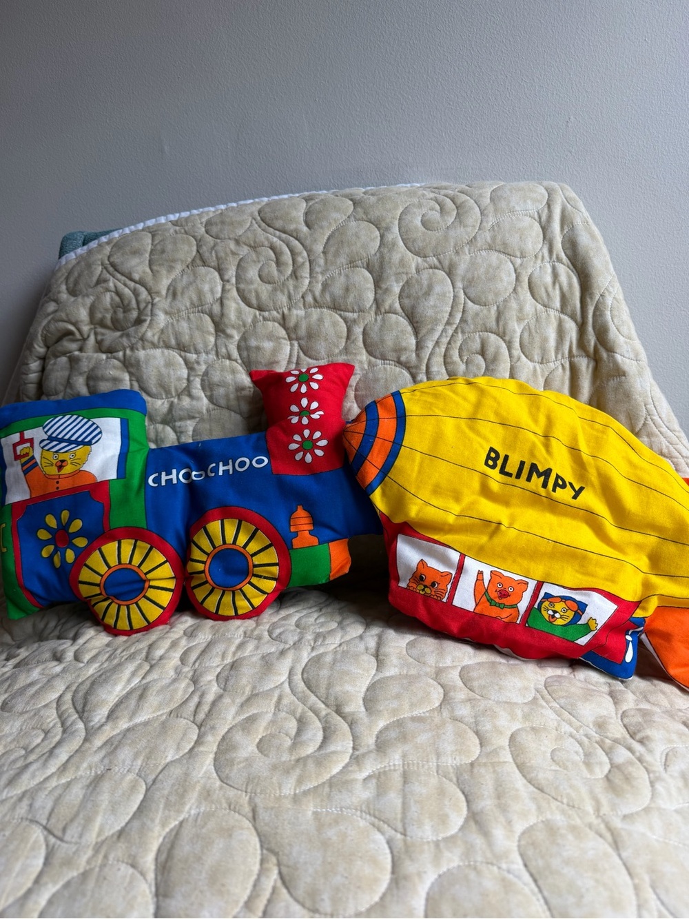 Lot Of 2 Richard Scarry Pillow Plush Train and blimp  12" Vintage